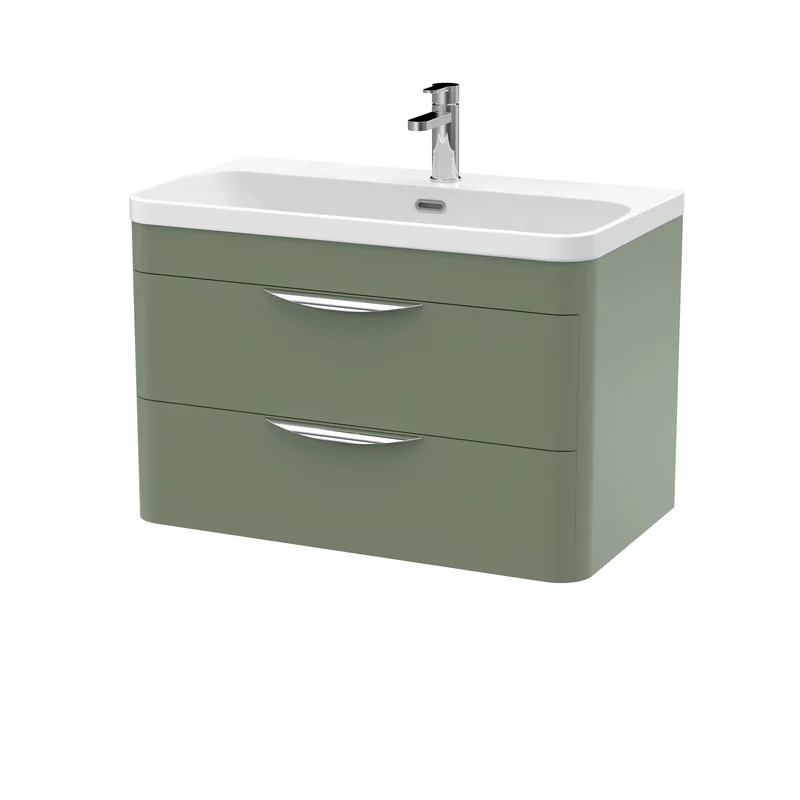 Parade 800mm Wall Hung 2 Drawer Vanity With Thin Edge Ceramic Basin - Green Satin