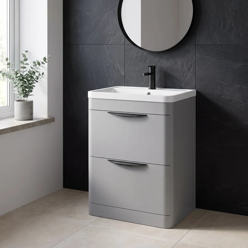 Parade 600mm 2 Drawer Floor Standing Vanity Unit With Polymarble Basin - Grey Satin