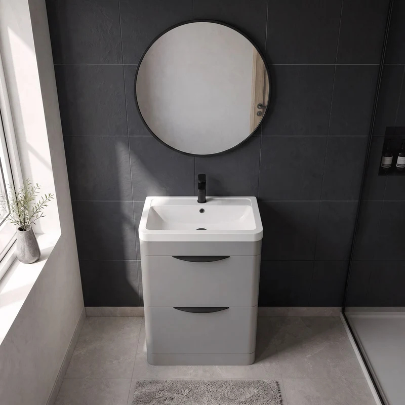 Parade 600mm 2 Drawer Floor Standing Vanity Unit With Polymarble Basin - Grey Satin