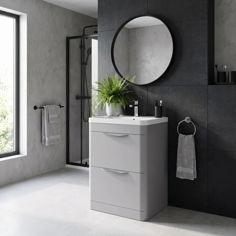 Parade 600mm 2 Drawer Floor Standing Vanity Unit With Polymarble Basin - Grey Satin