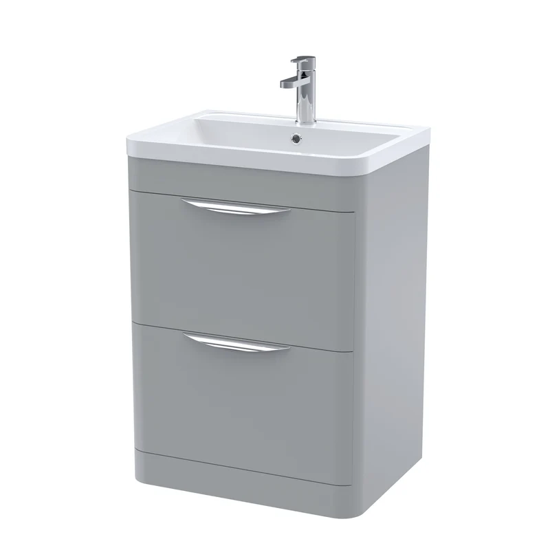 Parade 600mm 2 Drawer Floor Standing Vanity Unit With Polymarble Basin - Grey Satin