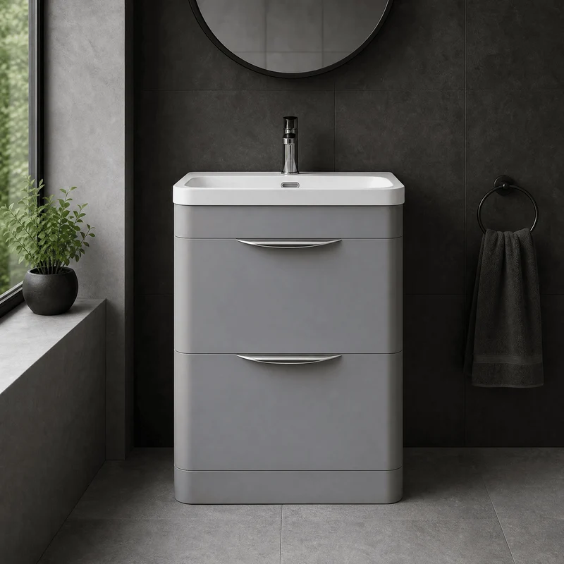Parade 600mm 2 Drawer Floor Standing Vanity Unit With Thin Edge Basin - Grey Satin