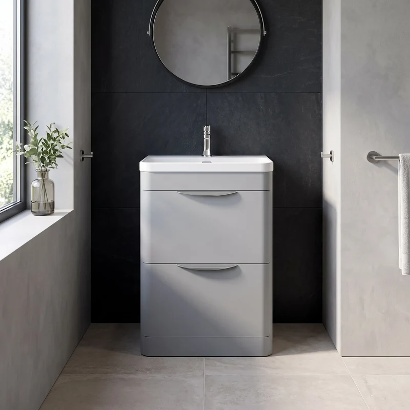 Parade 600mm 2 Drawer Floor Standing Vanity Unit With Thin Edge Basin - Grey Satin