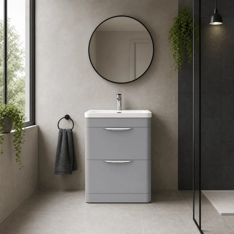 Parade 600mm 2 Drawer Floor Standing Vanity Unit With Thin Edge Basin - Grey Satin