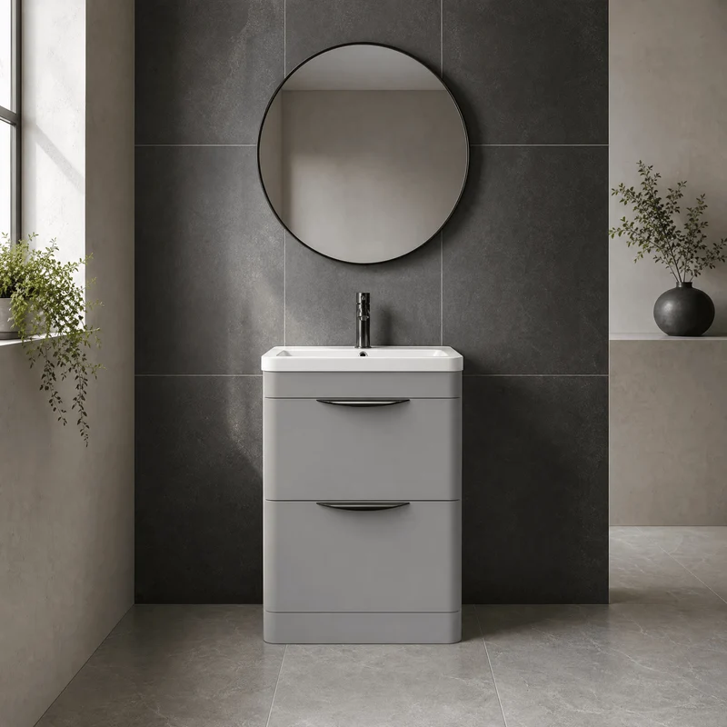 Parade 600mm 2 Drawer Floor Standing Vanity Unit With Ceramic Basin - Grey Satin