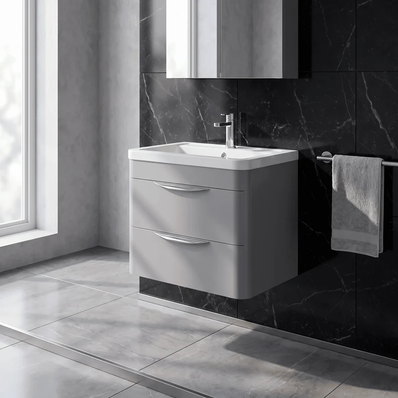 Parade 600mm 2 Drawer Wall Hung Vanity Unit With Ceramic Basin - Grey Satin