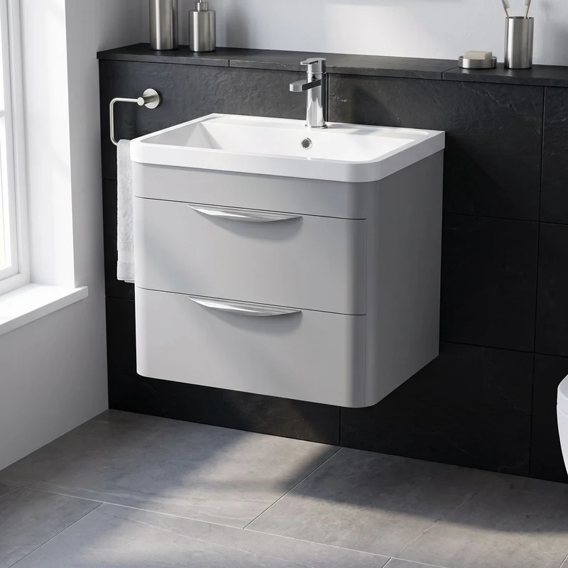 Parade 600mm 2 Drawer Wall Hung Vanity Unit With Polymarble Basin - Grey Satin