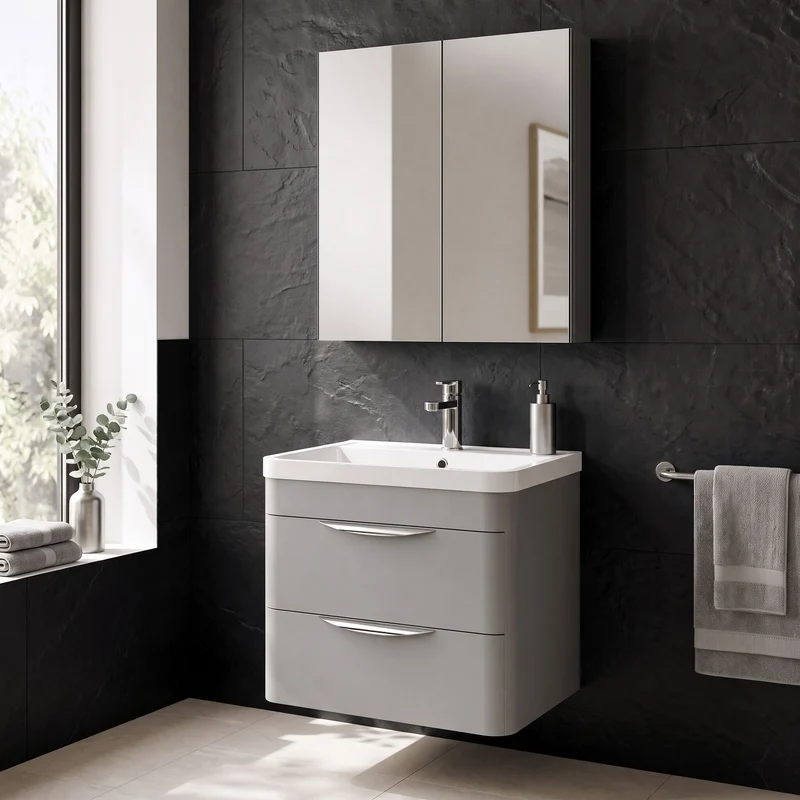 Parade 600mm 2 Drawer Wall Hung Vanity Unit With Polymarble Basin - Grey Satin