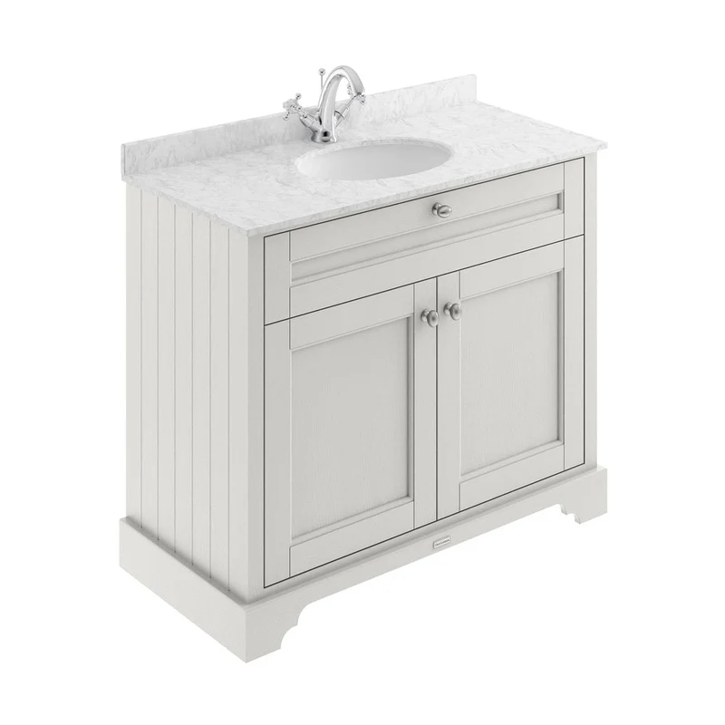Hudson Reed Old London 1000mm Cabinet & Marble Top (1th) Trad Timeless Sand MDF Vinyl Textured Woodgrain 886x1020x470mm - LOF478