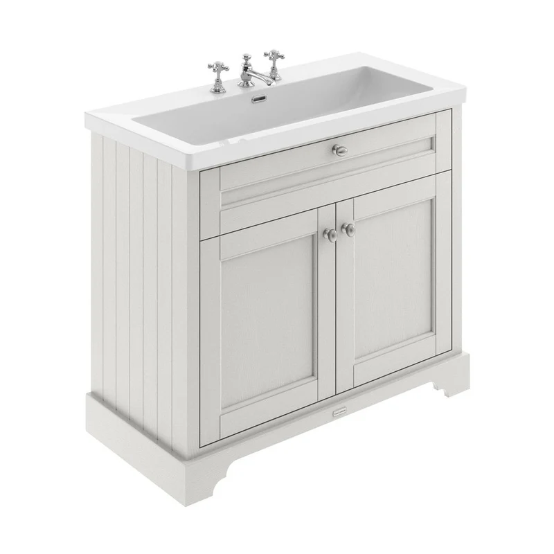 Hudson Reed Old London 1000mm 2-door Unit & Contemp Fireclay Basin 3th Trad Timeless Sand Fireclay,MDF Vinyl Textured Woodgrain 855x1013x462mm