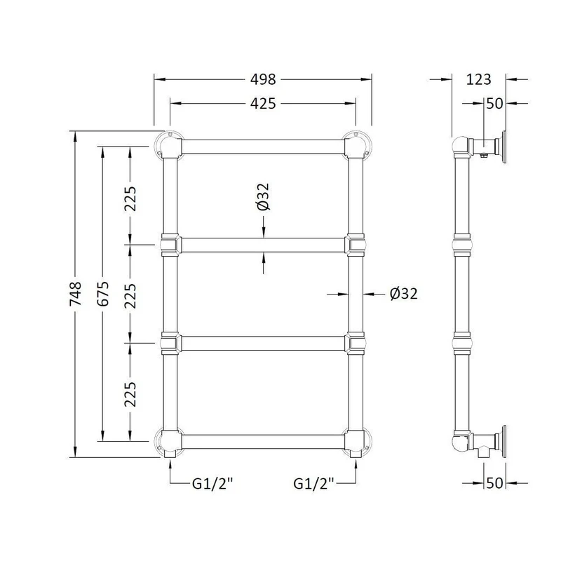 Hudson Reed Heated Towels Rails Epsom Wall Mounted Towel Rail Trad Chrome Steel 748x498x123mm