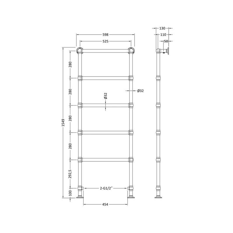 Hudson Reed Heated Towels Rails Countess Trad Chrome Steel 1549x598x130mm