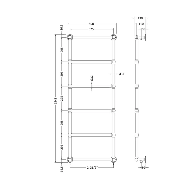 Hudson Reed Heated Towels Rails Countess Trad Chrome Steel 1548x598x110mm
