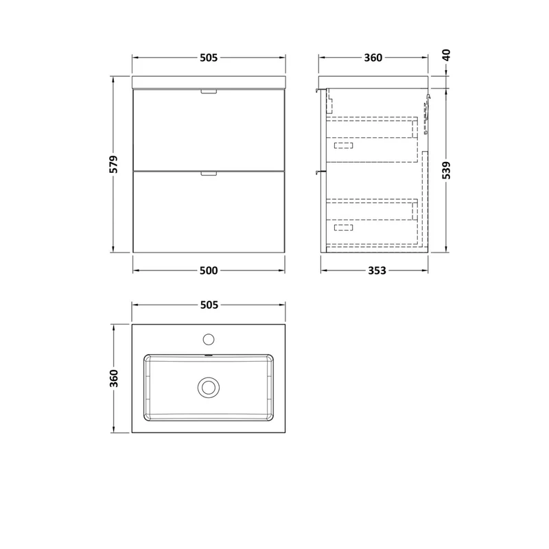 Hudson Reed Fusion 500mm Vanity Unit & Basin Contemp Charcoal Black MFC Textured Woodgrain 579x505x360mm - CBI641