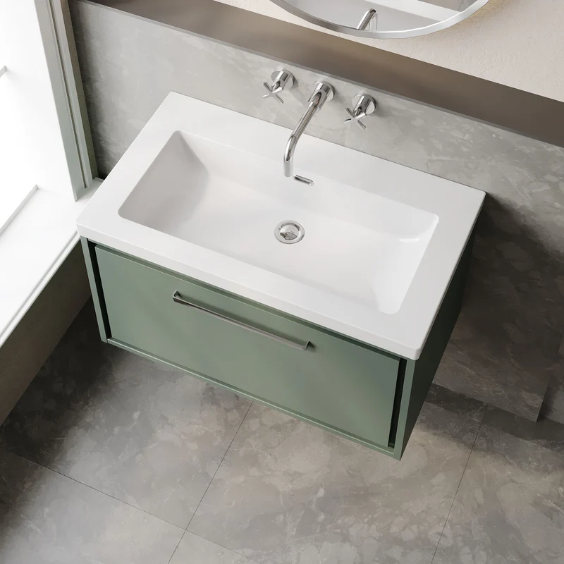 Lille 800mm Wall Hung 1 Drawer Vanity Unit & Modern Fireclay Basin With No Tap Holes - Fern Green Matt