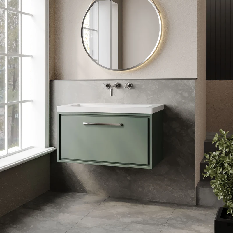 Lille 800mm Wall Hung 1 Drawer Vanity Unit & Modern Fireclay Basin With No Tap Holes - Fern Green Matt