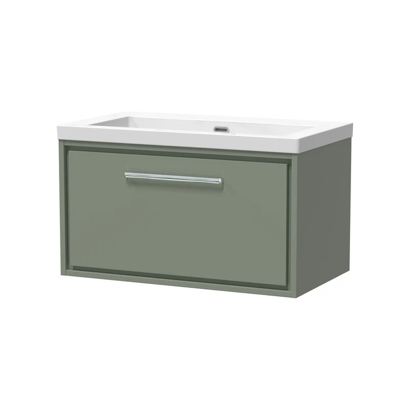 Lille 800mm Wall Hung 1 Drawer Vanity Unit & Modern Fireclay Basin With No Tap Holes - Fern Green Matt