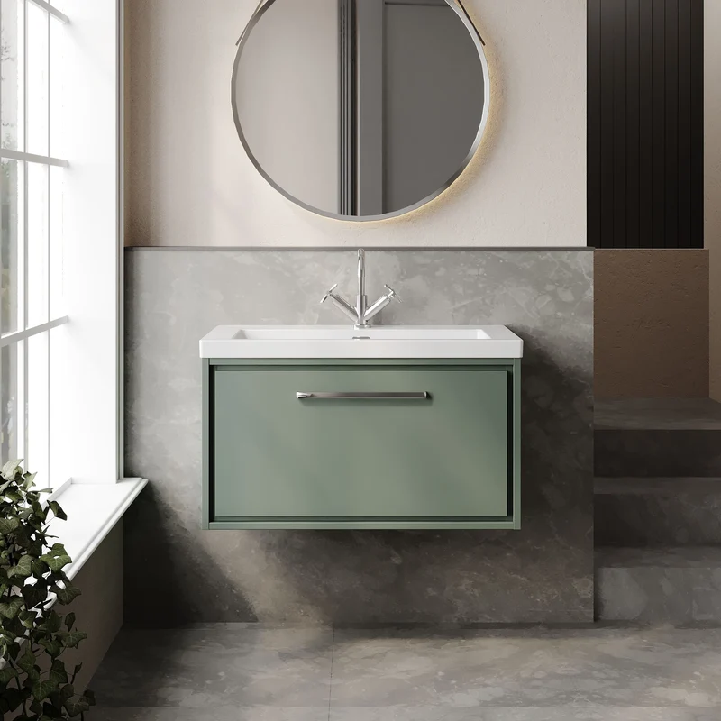 Lille 800mm Wall Hung 1 Drawer Vanity Unit & Modern Fireclay Basin With 1 Tap Hole - Fern Green Matt