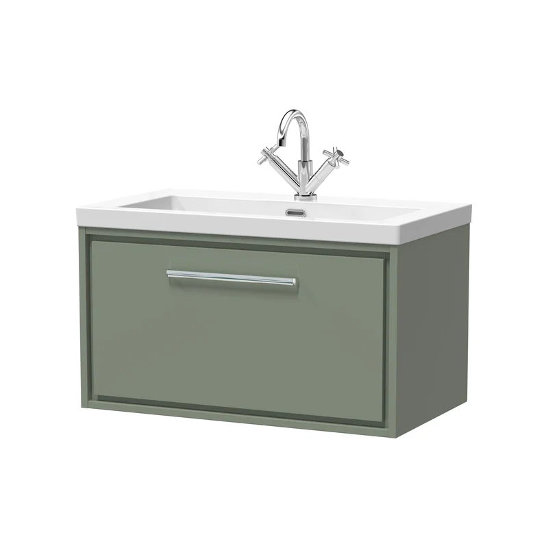 Lille 800mm Wall Hung 1 Drawer Vanity Unit & Modern Fireclay Basin With 1 Tap Hole - Fern Green Matt