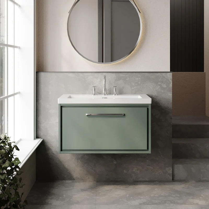 Lille 800mm Wall Hung 1 Drawer Vanity Unit & Modern Fireclay Basin With 3 Tap Holes - Fern Green Matt