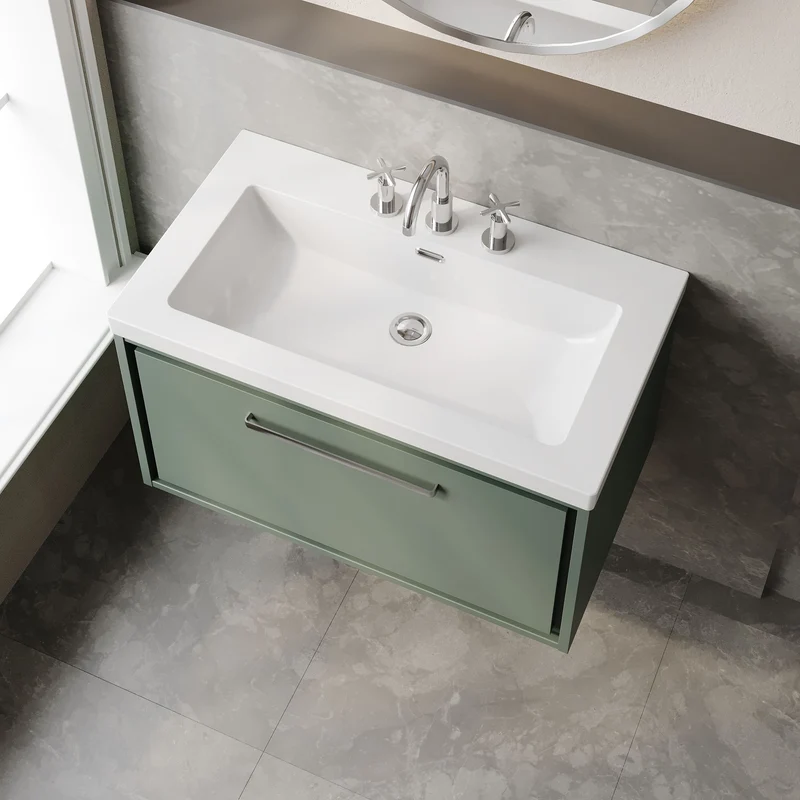 Lille 800mm Wall Hung 1 Drawer Vanity Unit & Modern Fireclay Basin With 3 Tap Holes - Fern Green Matt