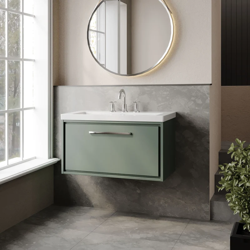 Lille 800mm Wall Hung 1 Drawer Vanity Unit & Modern Fireclay Basin With 3 Tap Holes - Fern Green Matt