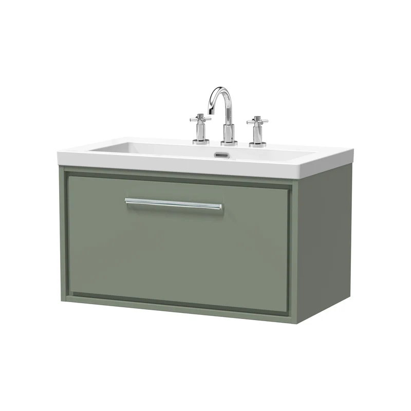 Lille 800mm Wall Hung 1 Drawer Vanity Unit & Modern Fireclay Basin With 3 Tap Holes - Fern Green Matt