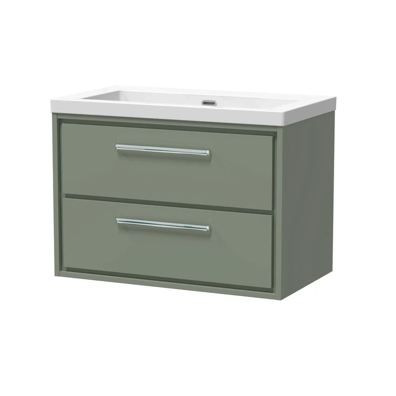 Lille 800mm Wall Hung 2 Drawer Vanity Unit & Modern Fireclay Basin With No Tap Holes - Fern Green Matt