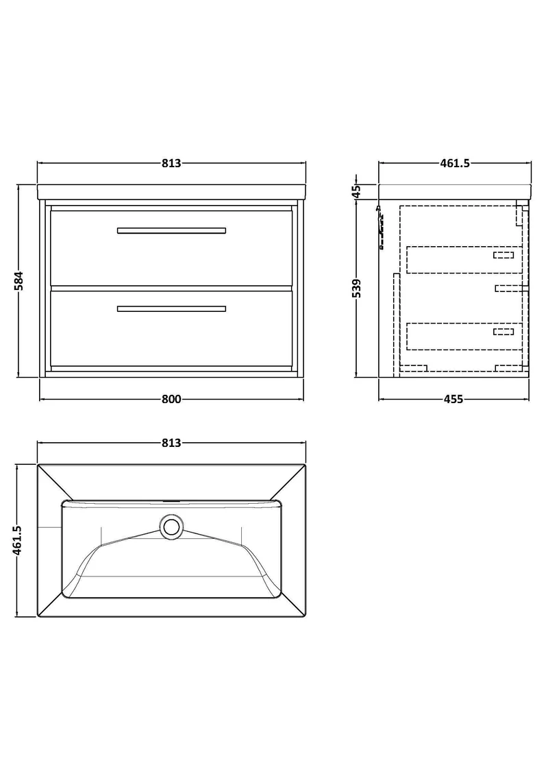 Lille 800mm Wall Hung 2 Drawer Vanity Unit & Modern Fireclay Basin With No Tap Holes - Fern Green Matt