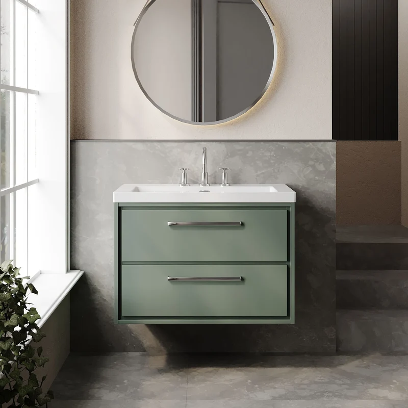Lille 800mm Wall Hung 2 Drawer Vanity Unit & Modern Fireclay Basin With 3 Tap Holes - Fern Green Matt