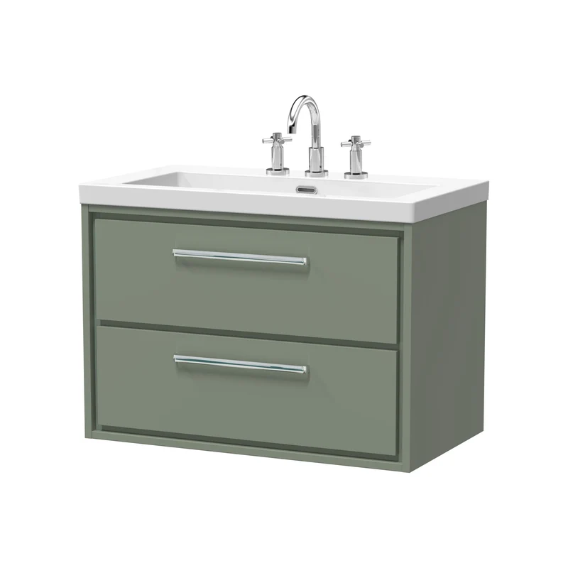 Lille 800mm Wall Hung 2 Drawer Vanity Unit & Modern Fireclay Basin With 3 Tap Holes - Fern Green Matt