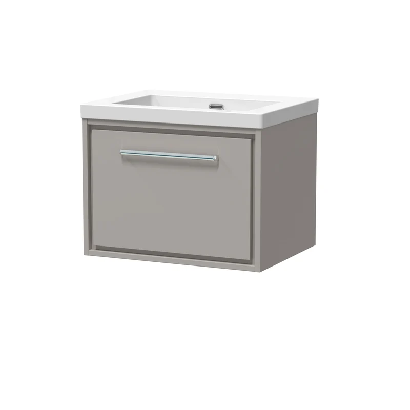 Lille 600mm Wall Hung 1 Drawer Vanity Unit & Modern Fireclay Basin With No Tap Holes - Pebble Grey Matt