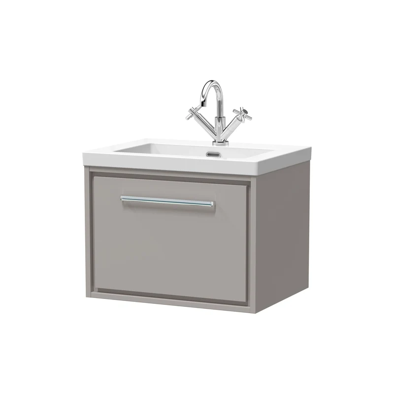 Lille 600mm Wall Hung 1 Drawer Vanity Unit & Modern Fireclay Basin With 1 Tap Hole - Pebble Grey Matt