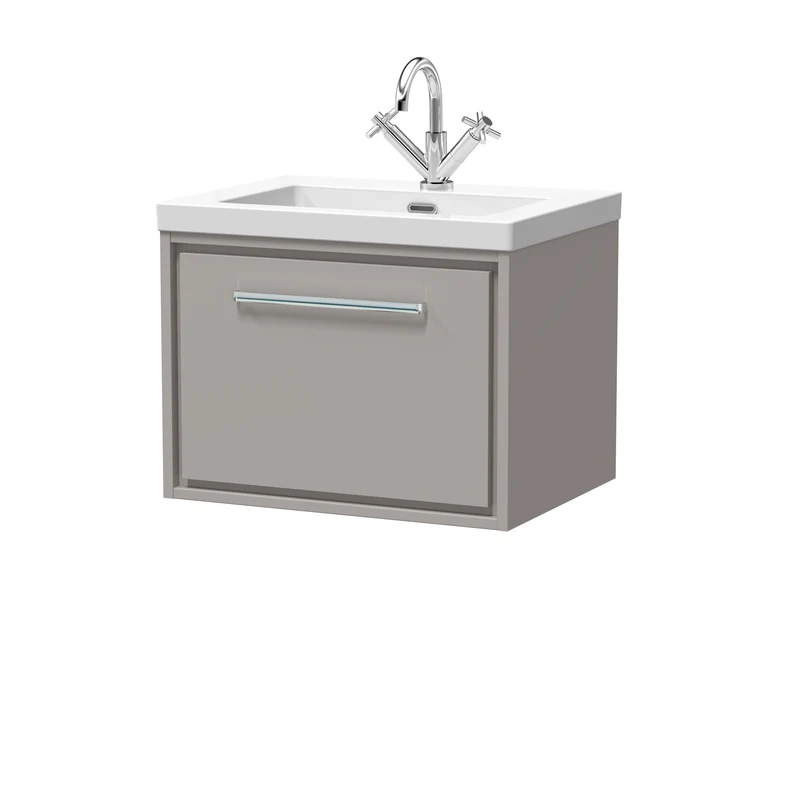 Lille 600mm Wall Hung 1 Drawer Vanity Unit & Modern Fireclay Basin With 1 Tap Hole - Pebble Grey Matt