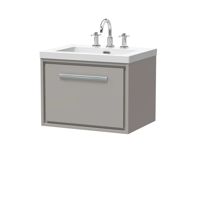 Lille 600mm Wall Hung 1 Drawer Vanity Unit & Modern Fireclay Basin With 3 Tap Holes - Pebble Grey Matt