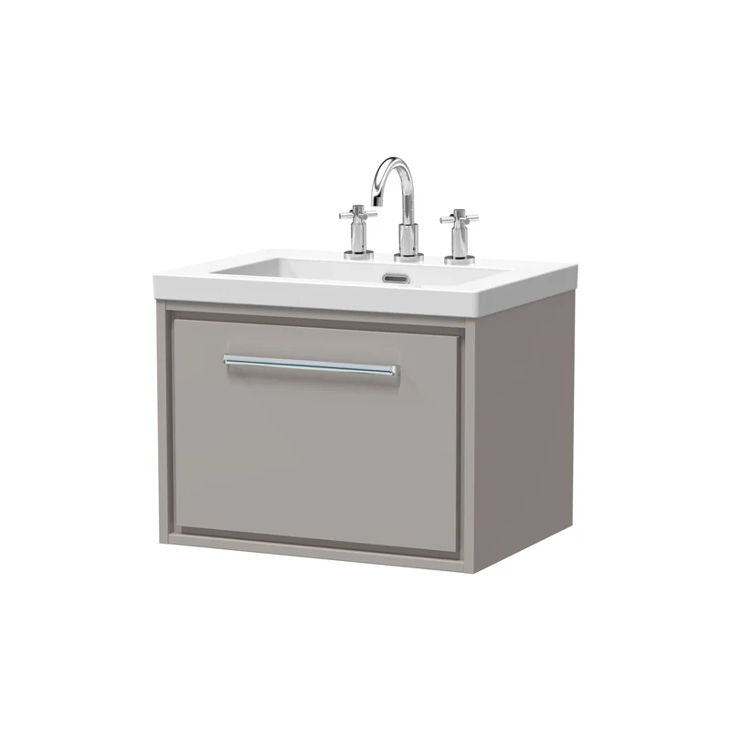 Lille 600mm Wall Hung 1 Drawer Vanity Unit & Modern Fireclay Basin With 3 Tap Holes - Pebble Grey Matt