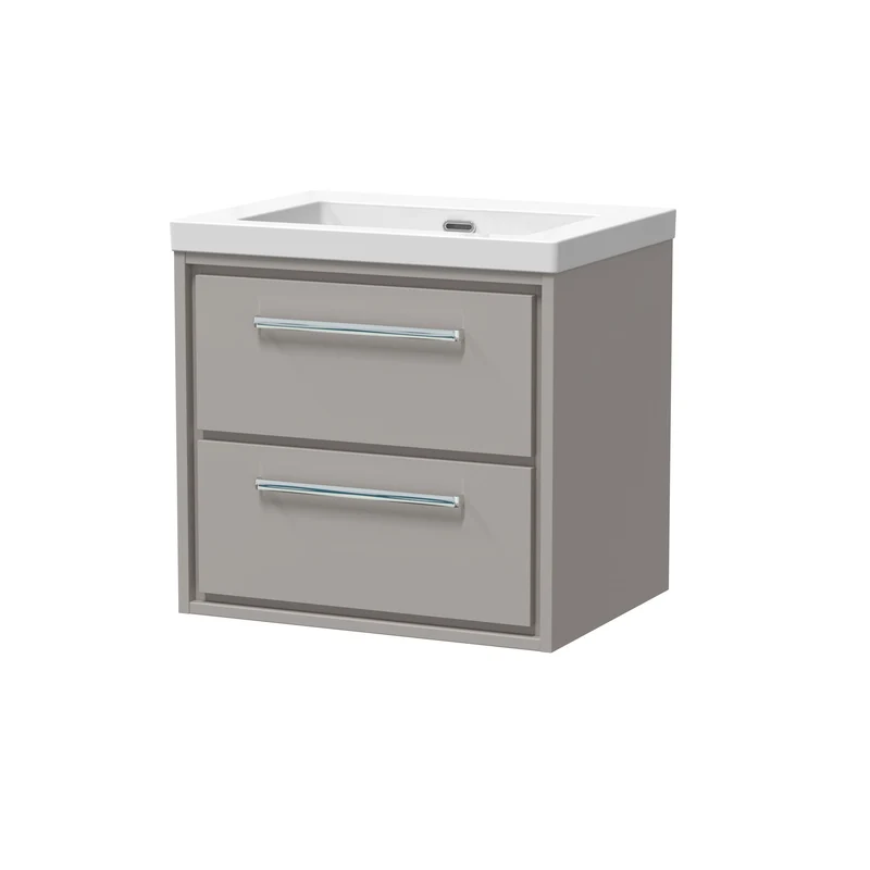 Lille 600mm Wall Hung 2 Drawer Vanity Unit & Modern Fireclay Basin With No Tap Holes - Pebble Grey Matt