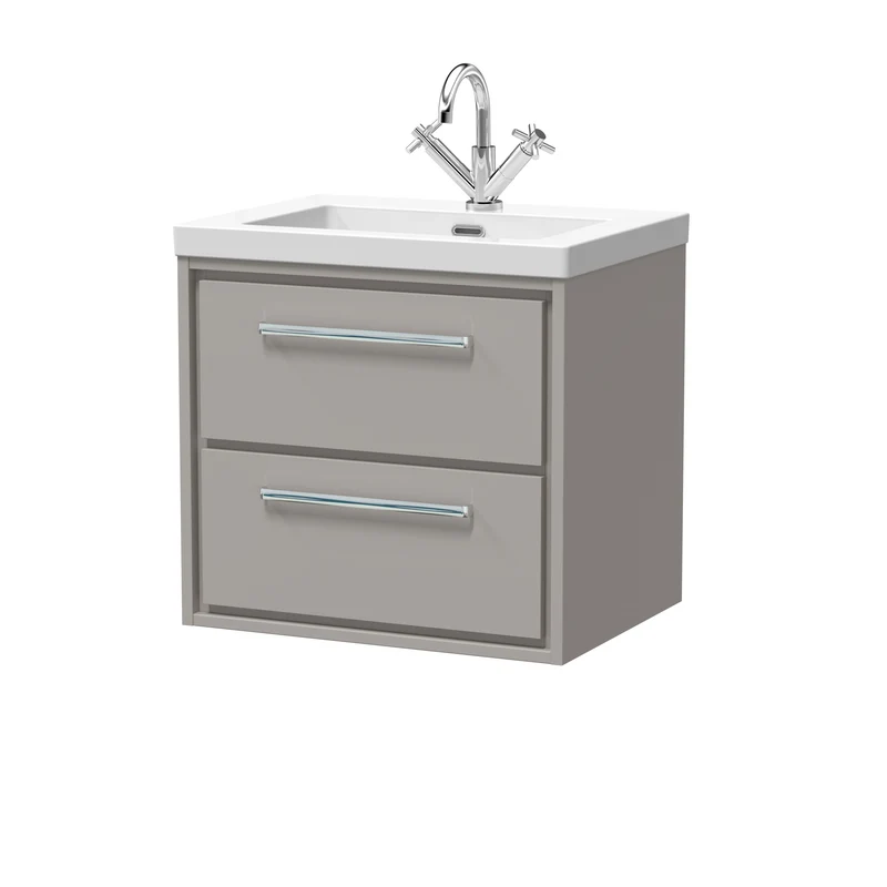 Lille 600mm Wall Hung 2 Drawer Vanity Unit & Modern Fireclay Basin With 1 Tap Hole - Pebble Grey Matt