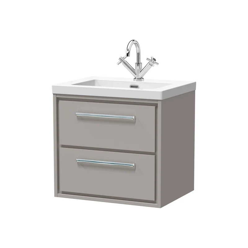 Lille 600mm Wall Hung 2 Drawer Vanity Unit & Modern Fireclay Basin With 1 Tap Hole - Pebble Grey Matt