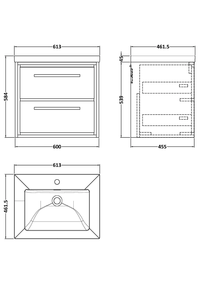 Lille 600mm Wall Hung 2 Drawer Vanity Unit & Modern Fireclay Basin With 1 Tap Hole - Pebble Grey Matt