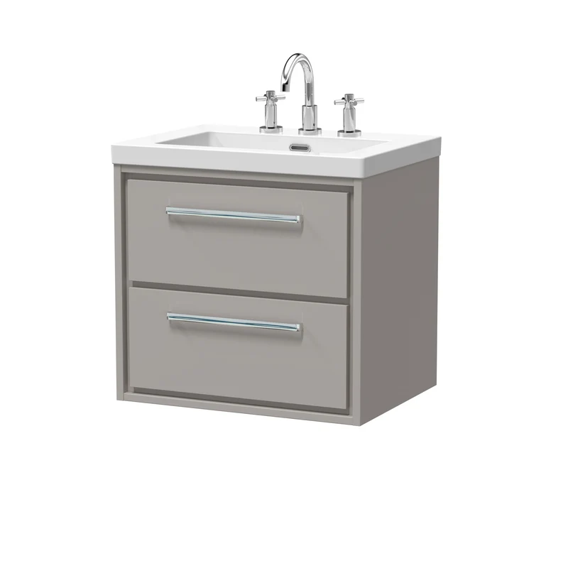 Lille 600mm Wall Hung 2 Drawer Vanity Unit & Modern Fireclay Basin With 3 Tap Holes - Pebble Grey Matt