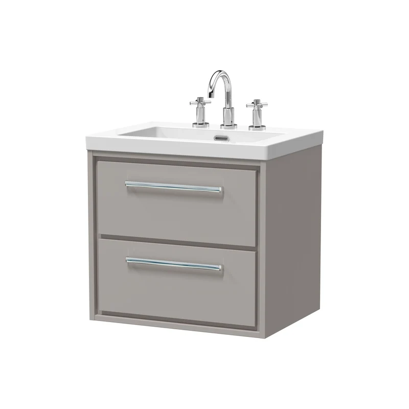 Lille 600mm Wall Hung 2 Drawer Vanity Unit & Modern Fireclay Basin With 3 Tap Holes - Pebble Grey Matt