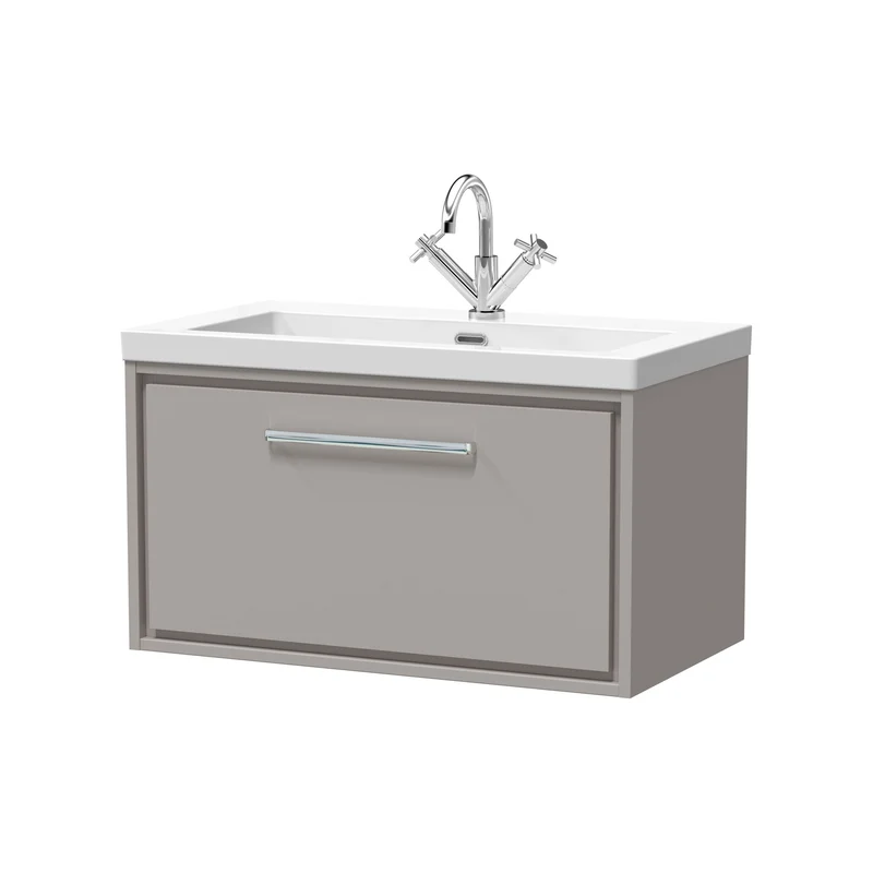 Lille 800mm Wall Hung 1 Drawer Vanity Unit & Modern Fireclay Basin With 1 Tap Hole - Pebble Grey Matt