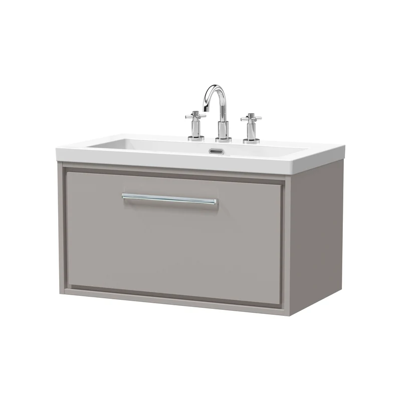 Lille 800mm Wall Hung 1 Drawer Vanity Unit & Modern Fireclay Basin With 3 Tap Holes - Pebble Grey Matt