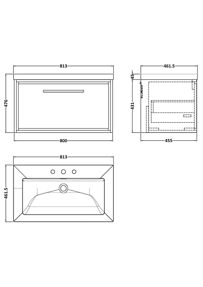 Lille 800mm Wall Hung 1 Drawer Vanity Unit & Modern Fireclay Basin With 3 Tap Holes - Pebble Grey Matt