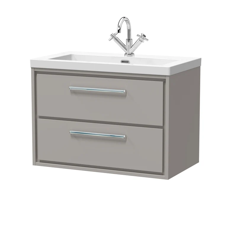 Lille 800mm Wall Hung 2 Drawer Vanity Unit & Modern Fireclay Basin With 1 Tap Hole - Pebble Grey Matt