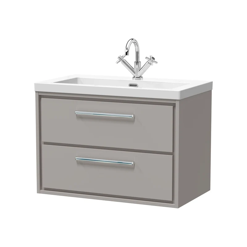 Lille 800mm Wall Hung 2 Drawer Vanity Unit & Modern Fireclay Basin With 1 Tap Hole - Pebble Grey Matt