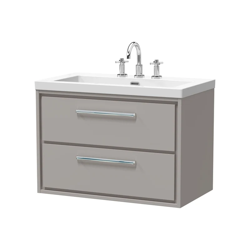 Lille 800mm Wall Hung 2 Drawer Vanity Unit & Modern Fireclay Basin With 3 Tap Holes - Pebble Grey Matt