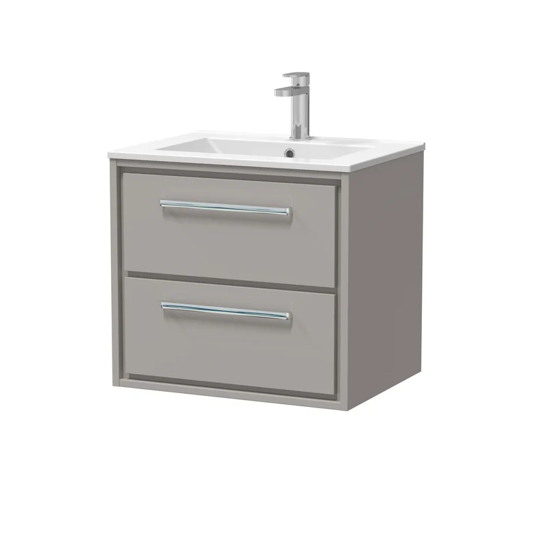 Lille 600mm Wall Hung 2 Drawer Vanity Unit & Minimalist Ceramic Basin - Pebble Grey Matt