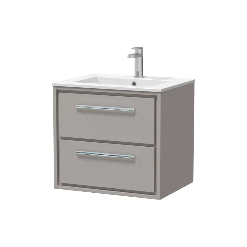 Lille 600mm Wall Hung 2 Drawer Vanity Unit & Minimalist Ceramic Basin - Pebble Grey Matt